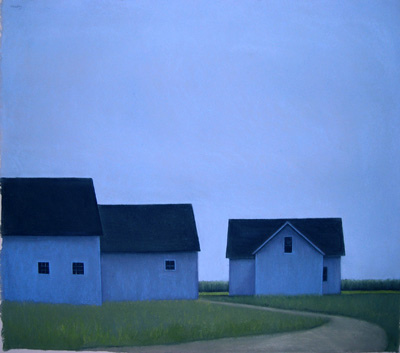 Three Blue Barns at Night